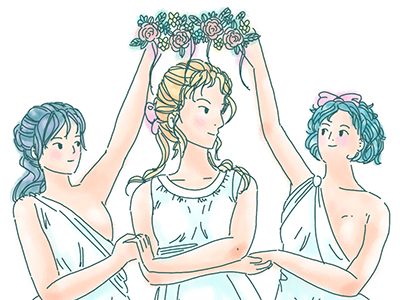 Rei, Usagi, and Ami as greek goddesses